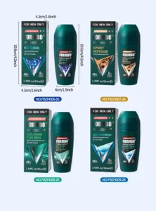 Detailed view of four FORMBO men's antiperspirant roll-on scents with size measurements