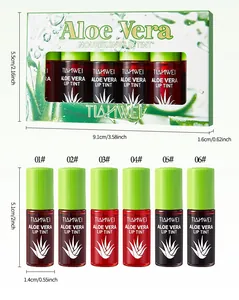 6-color aloe vera nourishing lip tint set with detailed dimensions in cm and inch