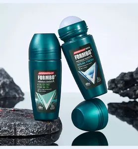 Macro detail of FORMBO men's roll-on antiperspirant bottles showing the rollerball applicator.