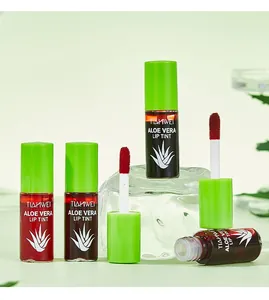 Detailed view of TIANWEI Aloe Vera Lip Tint bottles with soft applicators on clear stand