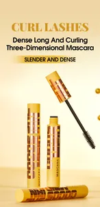 Detail of yellow mascara tube with dense curling wand for long lashes.