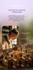 Maestro perfumista mezclando cuidadosamente ingredientes de alta calidad para Meidian.