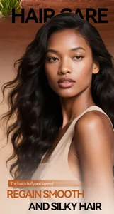 Gros plan sur des cheveux noirs volumineux montrant l'effet de la crème à l'huile de Batana.