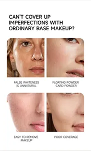 Macro detail showing common base makeup issues like floating powder and poor coverage.