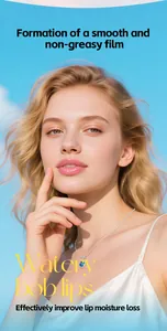 Caucasian female model showing shiny hydrated pink lips after using moisturizing lip mask