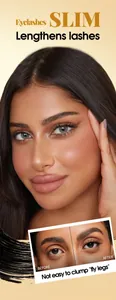 Close-up of lengthened eyelashes using black volumizing mascara before and after