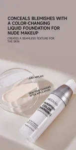 Close-up of MEIDIAN color-changing foundation showing liquid swatches in a glass dish.