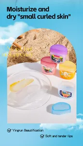 Set of four colorful MEIDIAN lip masks on a beach-themed background showing balm texture