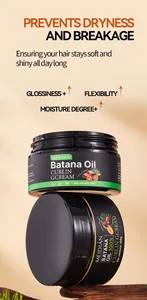 Gros plan de la crème de bouclage Meidian Batana Oil montrant les avantages pour les cheveux.