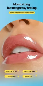 Close-up detail of glossy lips showing moisturizing and fine line reduction effects.