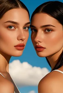 Due bellissime modelle sotto un cielo blu che rappresentano il profumo Tao Beauty