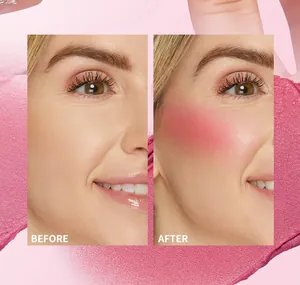 Gedetailleerde voor en na vergelijking van roze crème blush op de wang van model