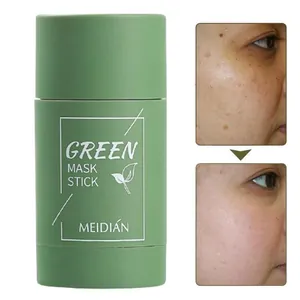 Vista detallada del stick de mascarilla té verde Meidian con comparación antes y después de limpiar