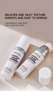 Close-up detail of MEIDIAN color changing foundation bottles with silky texture description
