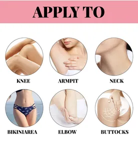 Detail view showing brightening cream application areas on knee, armpit, neck, and bikini area.