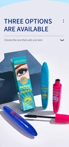 Detaillierte Ansicht der wasserfesten MEIDIAN Wimperntusche in blauen und rosa Tuben.