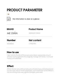 Product parameter details for Me Dian Radiance Cream with usage instructions and effects