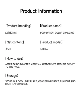 Detailed product specifications and usage guide for color changing foundation
