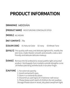 Product information guide for moisturizing concealer stick with three shades