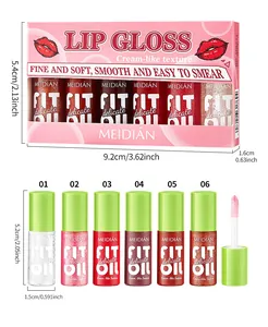 Detailed view of MEIDIAN 6-color lip gloss set with cream-like texture and dimensions.
