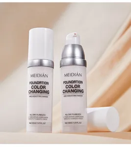 Detail of two Meidian color changing foundation bottles with white pumps and caps.