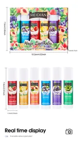 Dimensiones detalladas del set de 6 bálsamos labiales de frutas y tubos individuales