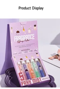 Detalle del set de regalo de 5 brumas perfumadas MEIDIAN en elegante caja violeta