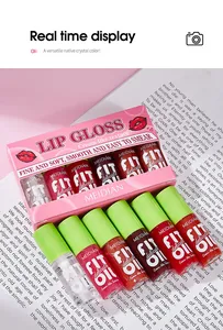 Macro view of MEIDIAN 6-color mirror finish lip gloss set displayed on an open book