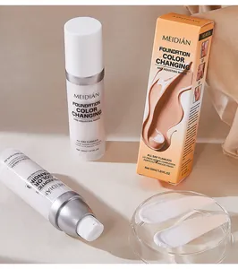 MEIDIAN color-changing foundation bottles with packaging and liquid texture samples