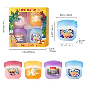 Detail showing 4-piece MEIDIAN lip balm set components and exact product dimensions