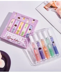 Vista detallada del set de regalo MEIDIAN con 5 sprays de fragancia portátiles variados.