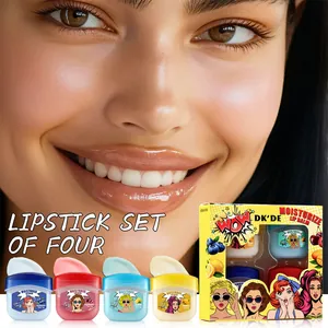 DK'DE 4-piece moisturizing lip balm set with pop-art style packaging and glossy finish.