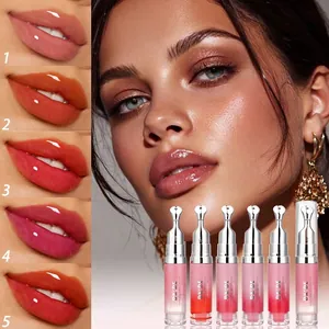 Close-up of 5 radiant lip gloss shades with a hydrating water-light finish on model