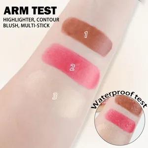 Arm swatches of multi-functional makeup sticks showing highlighter, contour, and blush
