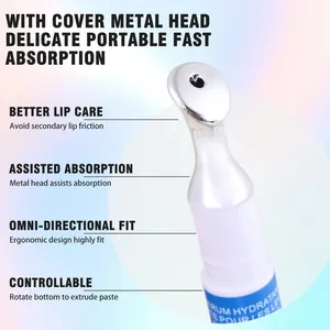 Detailopname van de metalen applicatorkop van een hydraterend lipserum in een tube