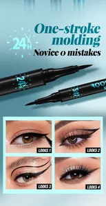 Four different eye makeup looks achieved with a long-lasting black liquid eyeliner pen