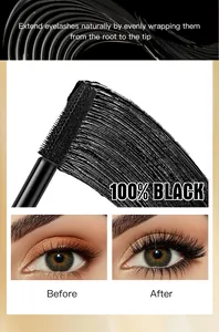 Macro view of waterproof black mascara brush and eye extension before and after comparison