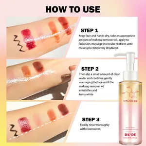 Step-by-step guide for DK'DE Vitamin B5 makeup remover oil showing effective cleansing.