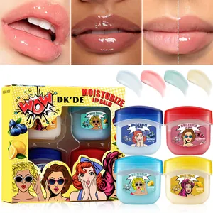 DK'DE 4-piece moisturizing lip balm set with blueberry, cranberry, lemon, and mango flavors.