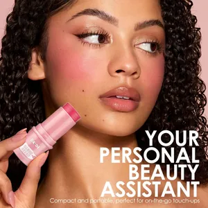 Close-up of a model wearing radiant pink blush with the DKDE multi-use makeup stick.