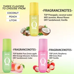 Notes olfactives détaillées pour la brume corps et cheveux DK'DE coco, pêche et litchi.