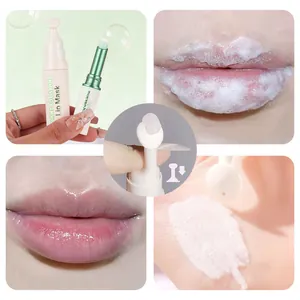 Close-up demonstration of squalane lip mask foam and moisturizing balm effect on lips.
