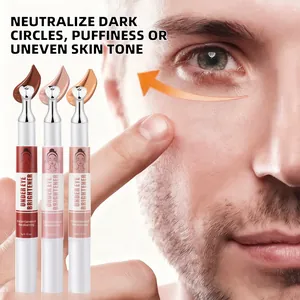 Detail of 3-color under-eye brightener pen with swatches and application on skin