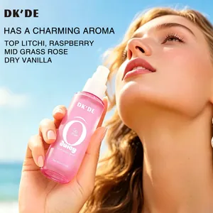 Vue détaillée de la brume pour cheveux et corps DK'DE Juicy tenue par un mannequin plage.