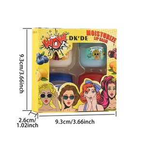 Dimensions of DK'DE 4-pack moisturizing lip balm set in yellow pop-art box