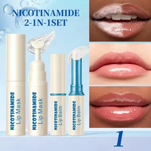Nicotinamide lip mask and lip balm set showing hydrating effect and texture