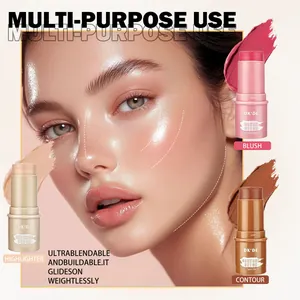 Detailed view of makeup sticks showing highlighter, blush, and contour on model face.