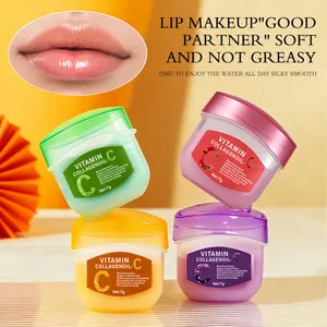 Macro view of four colorful 7g vitamin C collagen lip mask jars for hydrating care