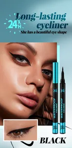 Detailed view of long-lasting waterproof black eyeliner and cat-eye makeup effect.