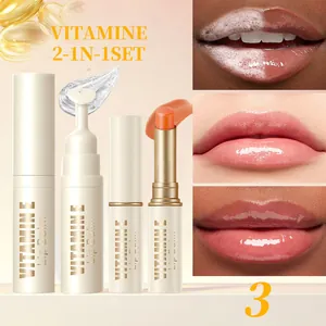 Detailed view of Vitamin E lip balm and lip mask set showing textures and lip effects